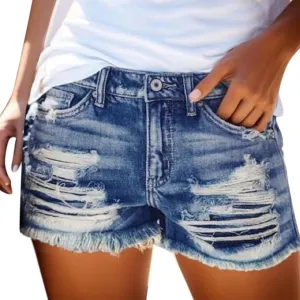 Women's High Waisted Denim Shorts Straight Leg Raw Hem Ripped Jean Shorts Trendy Retro Stretchy Denim Shorts Casual Shorts