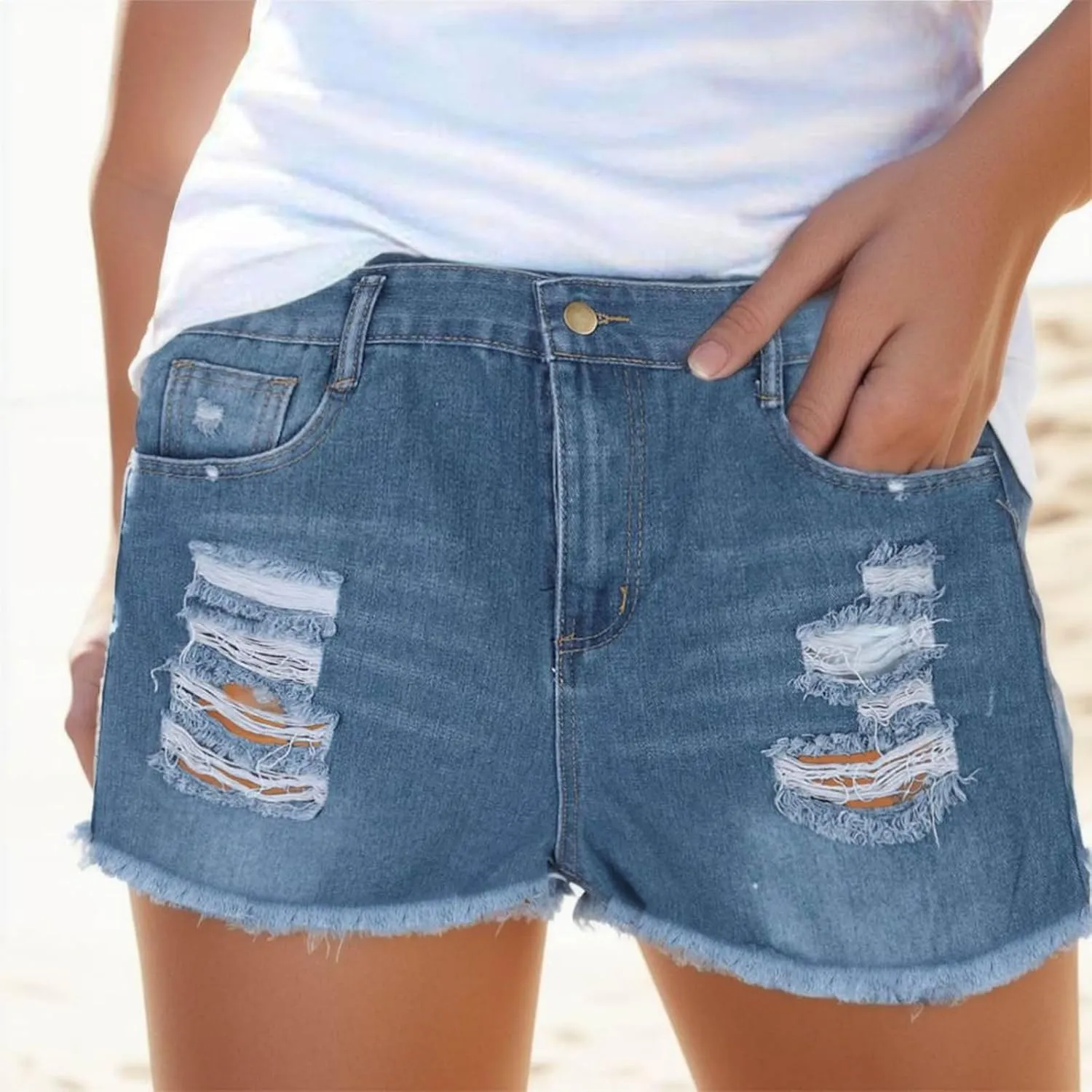 Women's High Waisted Denim Shorts Straight Leg Raw Hem Ripped Jean Shorts Trendy Retro Stretchy Denim Shorts Casual Shorts