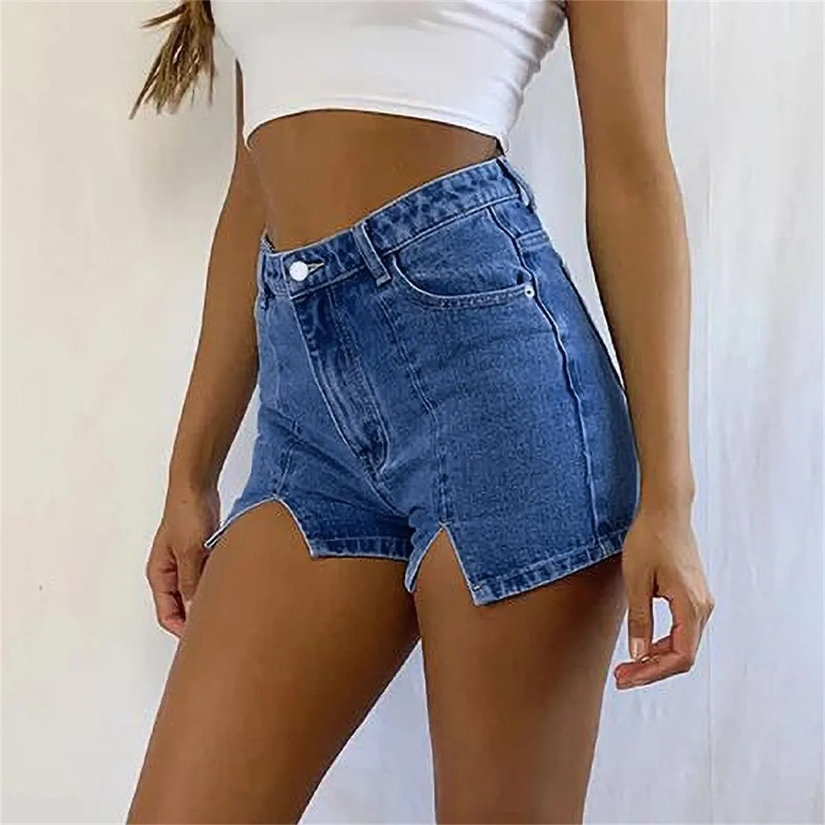 Women's Jean Shorts Trendy High Waisted Slit Elastic Denim Shorts Summer Denim Shorts Pants with Pockets