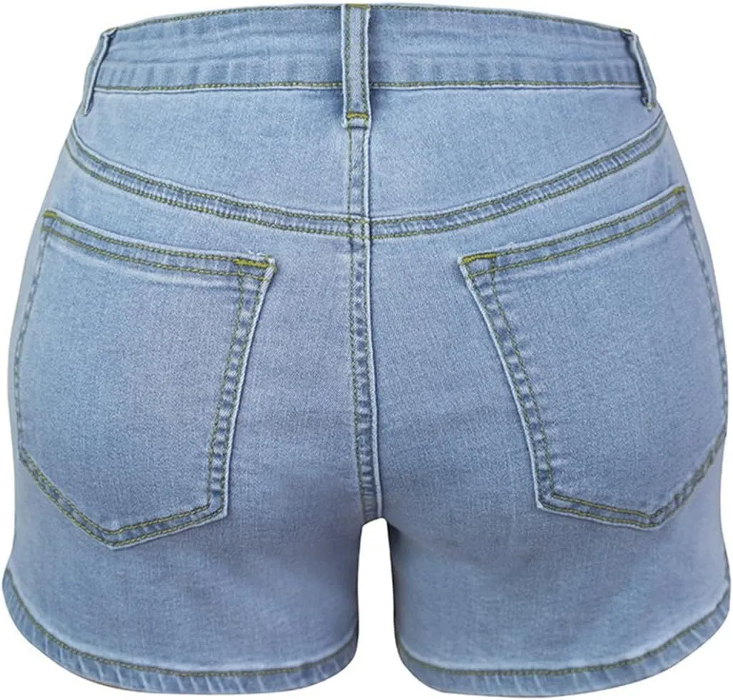 Women's Jean Shorts Trendy High Waisted Slit Elastic Denim Shorts Summer Denim Shorts Pants with Pockets