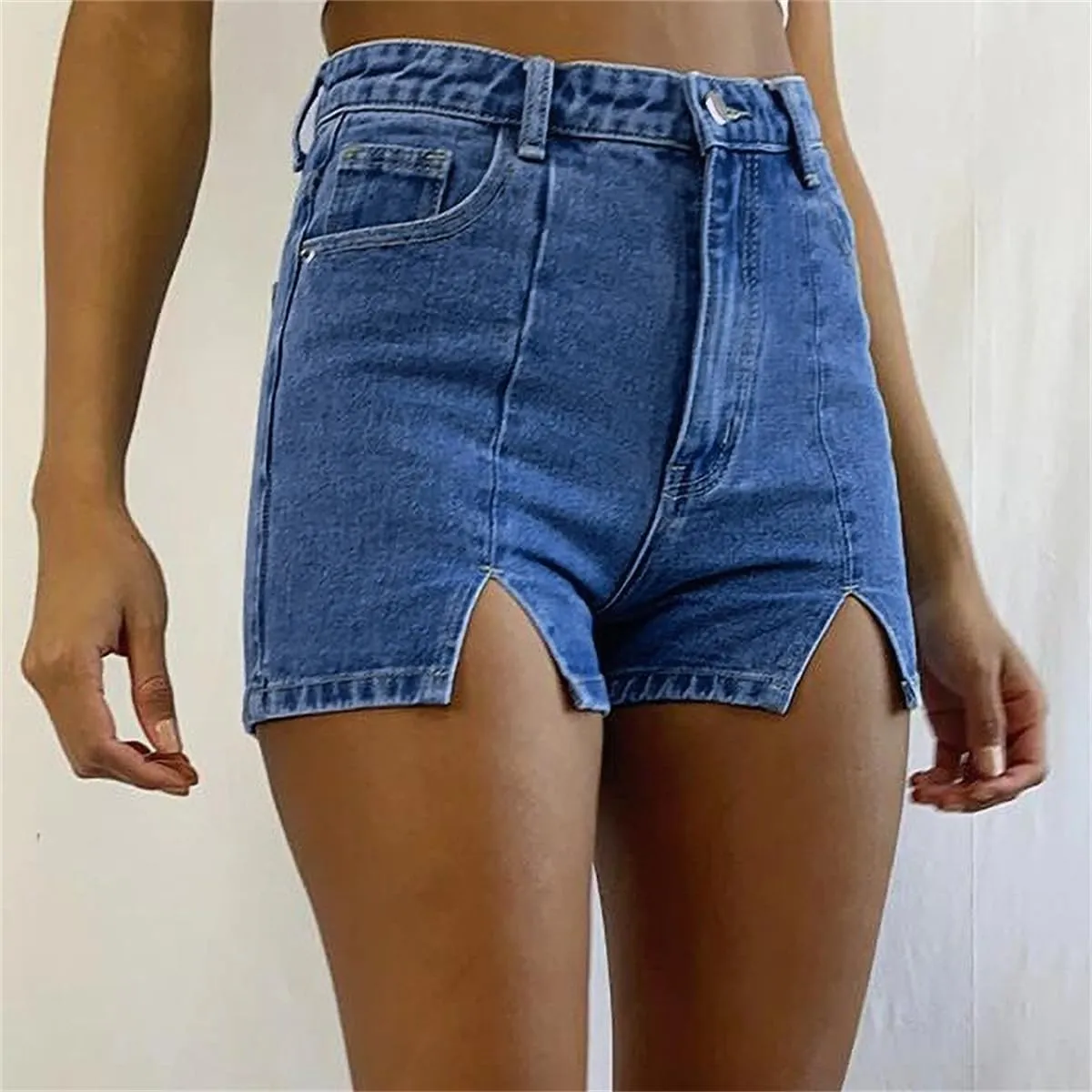 Women's Jean Shorts Trendy High Waisted Slit Elastic Denim Shorts Summer Denim Shorts Pants with Pockets