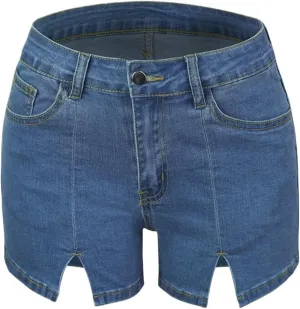 Women's Jean Shorts Trendy High Waisted Slit Elastic Denim Shorts Summer Denim Shorts Pants with Pockets