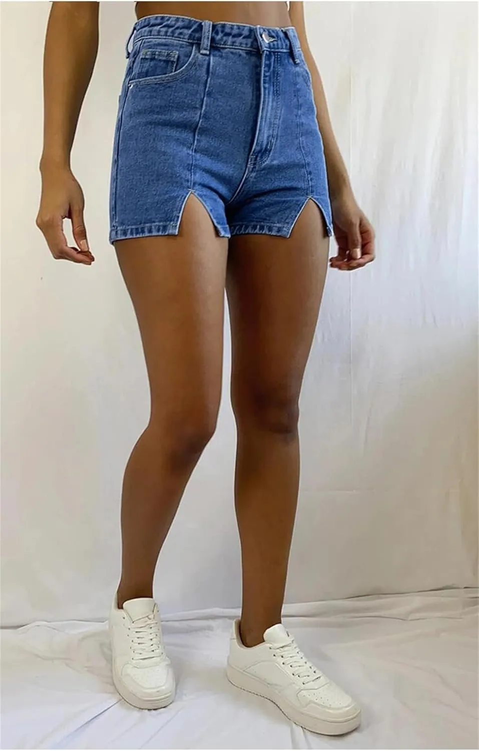 Women's Jean Shorts Trendy High Waisted Slit Elastic Denim Shorts Summer Denim Shorts Pants with Pockets