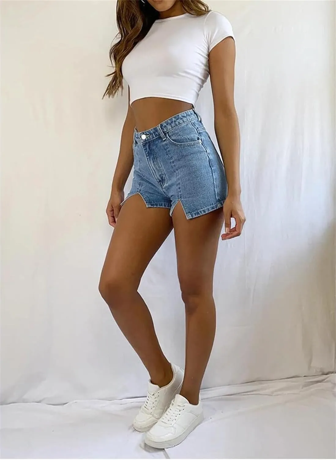 Women's Jean Shorts Trendy High Waisted Slit Elastic Denim Shorts Summer Denim Shorts Pants with Pockets