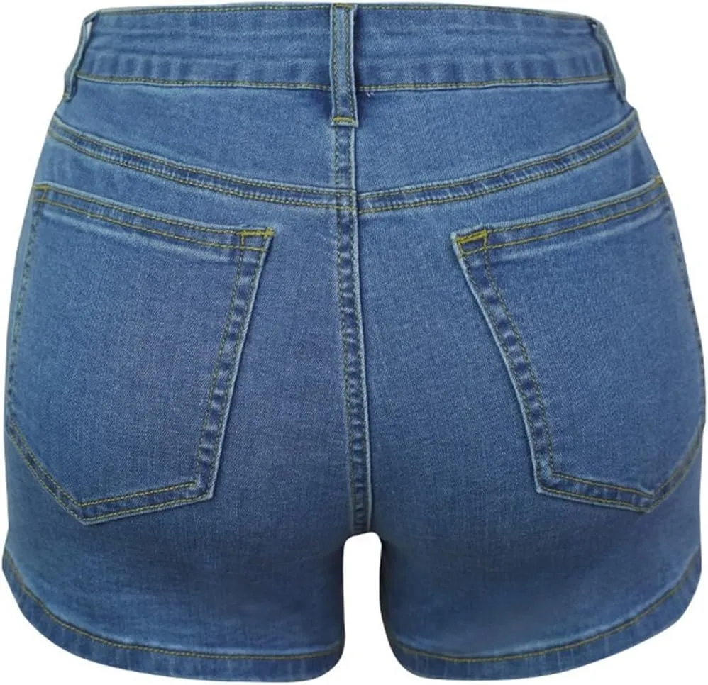 Women's Jean Shorts Trendy High Waisted Slit Elastic Denim Shorts Summer Denim Shorts Pants with Pockets