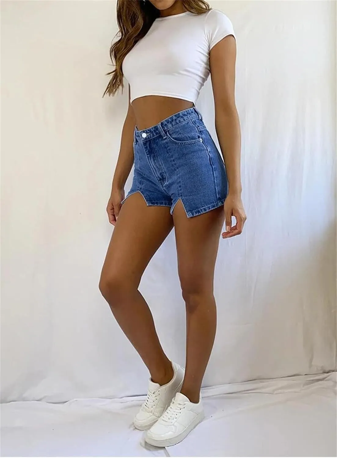 Women's Jean Shorts Trendy High Waisted Slit Elastic Denim Shorts Summer Denim Shorts Pants with Pockets