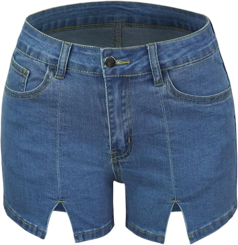 Women's Jean Shorts Trendy High Waisted Slit Elastic Denim Shorts Summer Denim Shorts Pants with Pockets