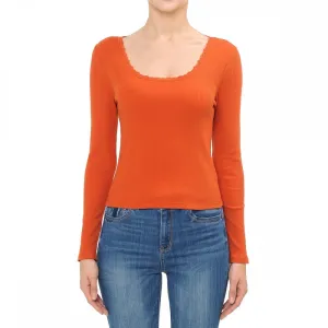 Women's Lace Trimmed Scoop Neck Long Sleeve Top
