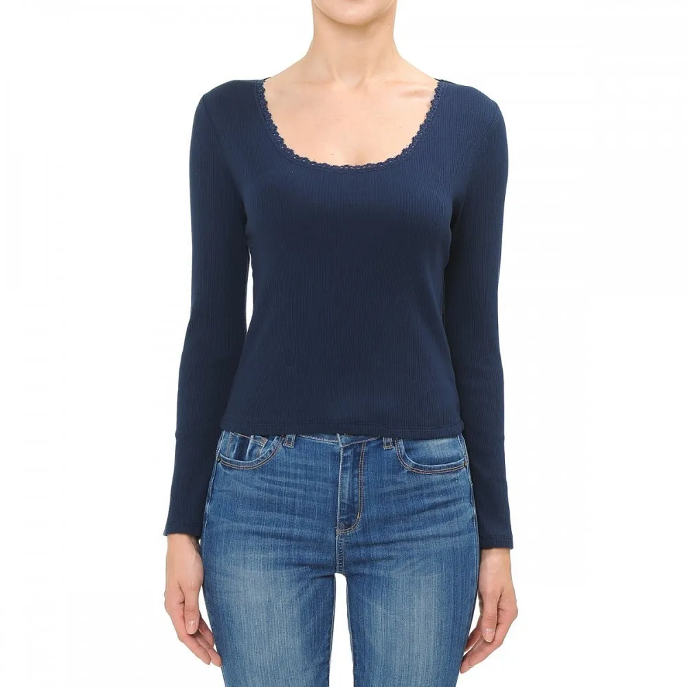Women's Lace Trimmed Scoop Neck Long Sleeve Top