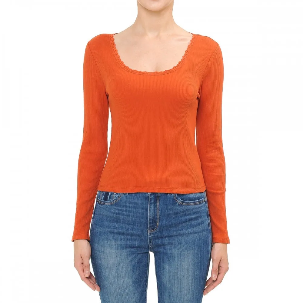Women's Lace Trimmed Scoop Neck Long Sleeve Top