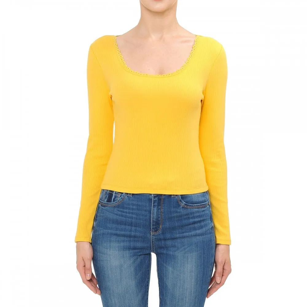 Women's Lace Trimmed Scoop Neck Long Sleeve Top