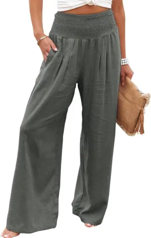 Women's Linen Palazzo Pants 2025 Summer High Waist Wide Leg Lightweight Beach Pants Boho Elastic Waist Trousers