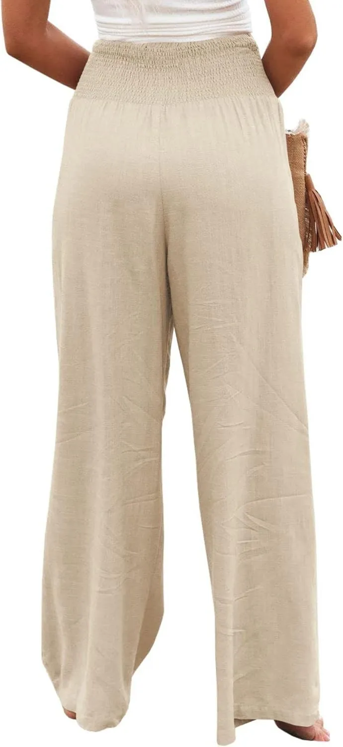 Women's Linen Palazzo Pants 2025 Summer High Waist Wide Leg Lightweight Beach Pants Boho Elastic Waist Trousers