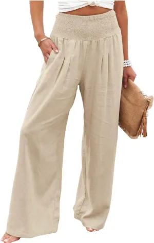 Women's Linen Palazzo Pants 2025 Summer High Waist Wide Leg Lightweight Beach Pants Boho Elastic Waist Trousers