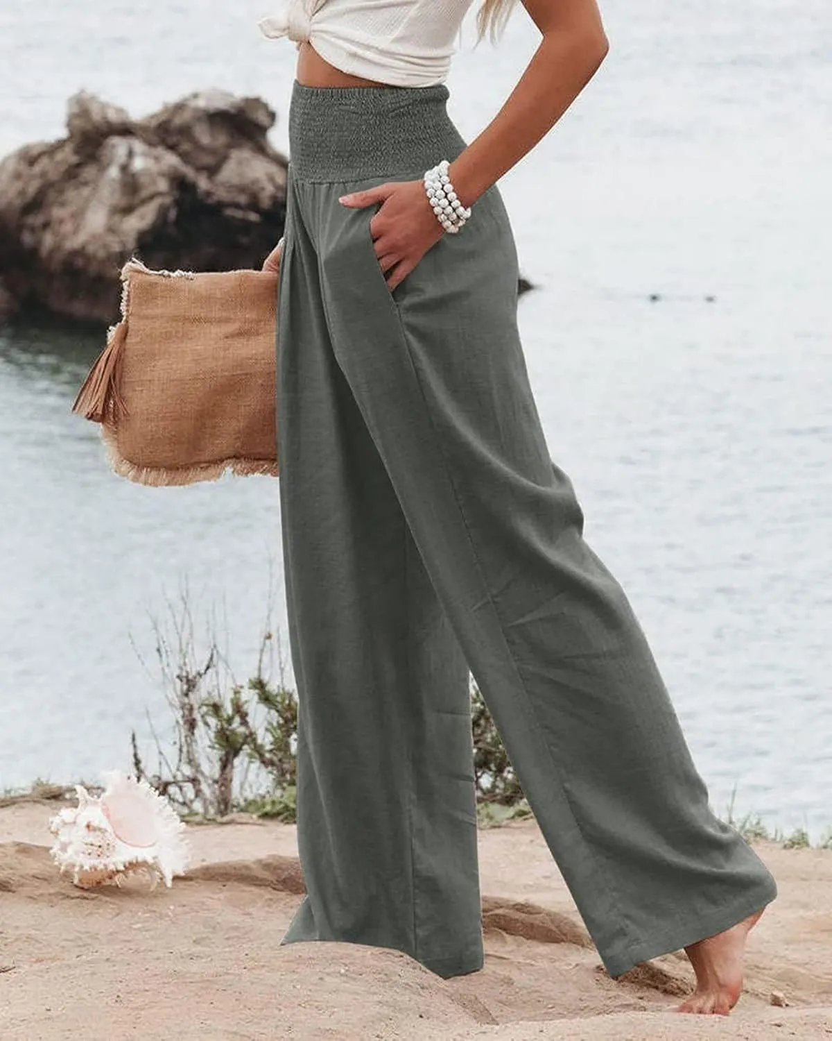 Women's Linen Palazzo Pants 2025 Summer High Waist Wide Leg Lightweight Beach Pants Boho Elastic Waist Trousers