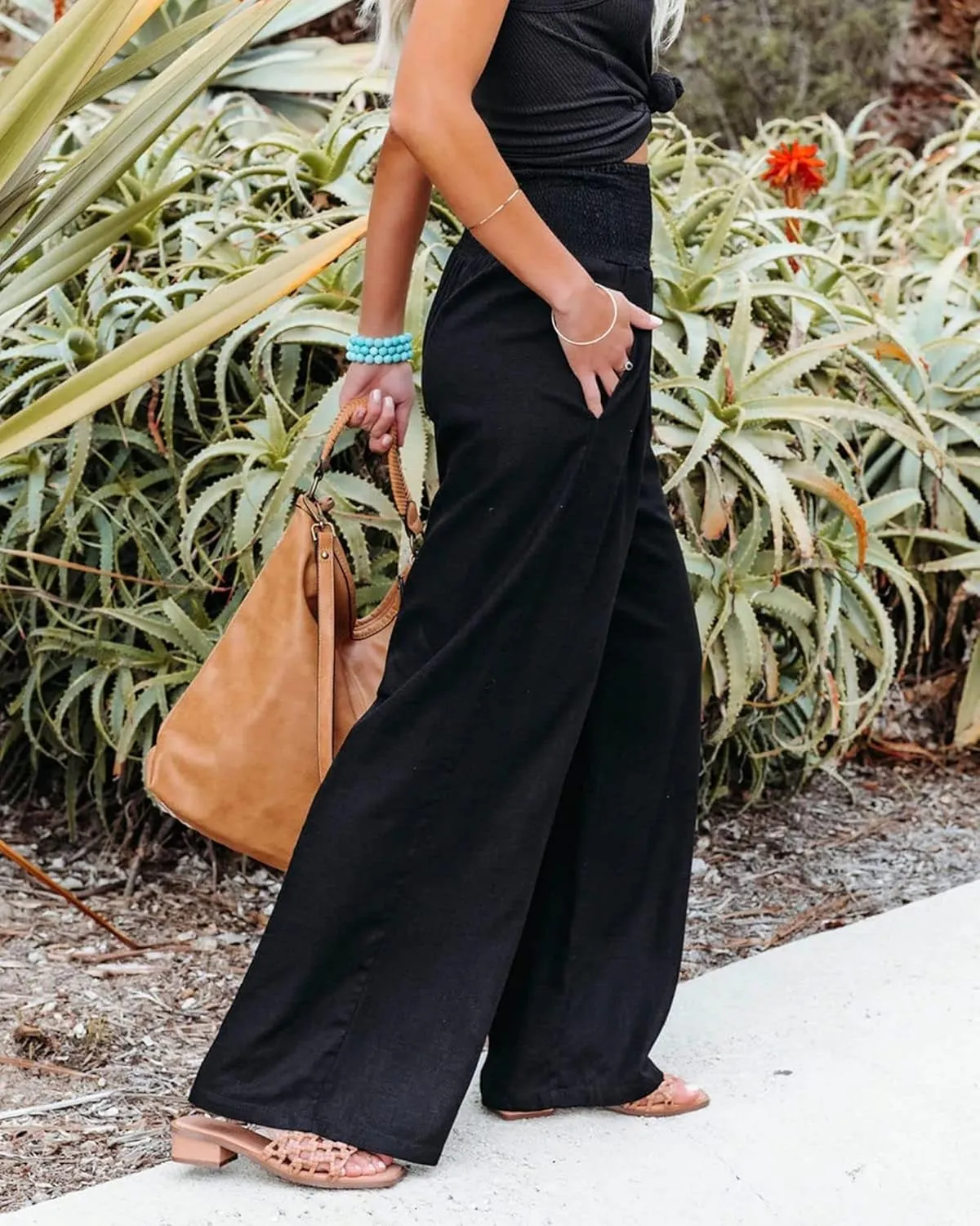 Women's Linen Palazzo Pants 2025 Summer High Waist Wide Leg Lightweight Beach Pants Boho Elastic Waist Trousers