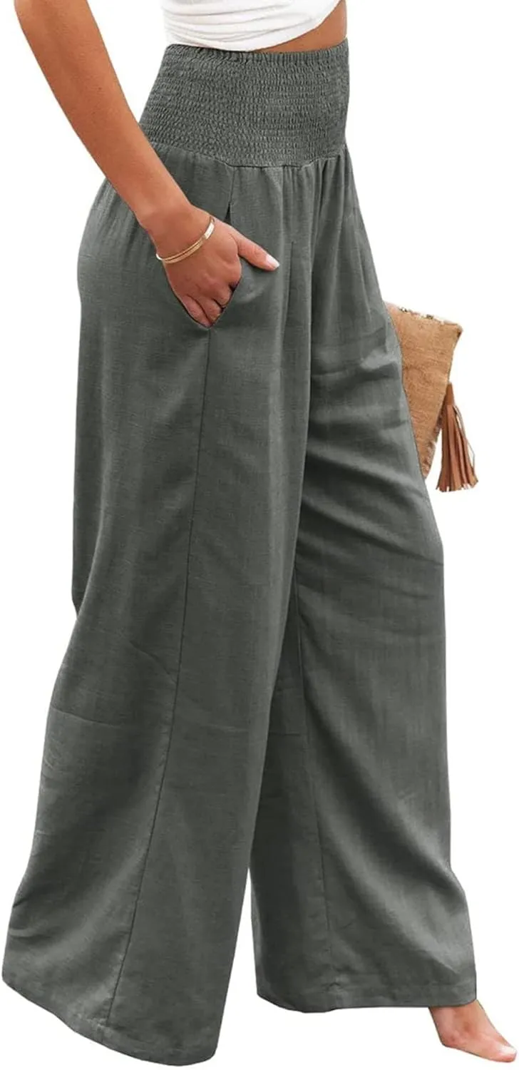 Women's Linen Palazzo Pants 2025 Summer High Waist Wide Leg Lightweight Beach Pants Boho Elastic Waist Trousers