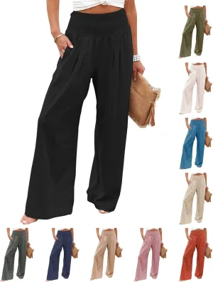 Women's Linen Palazzo Pants 2025 Summer High Waist Wide Leg Lightweight Beach Pants Boho Elastic Waist Trousers