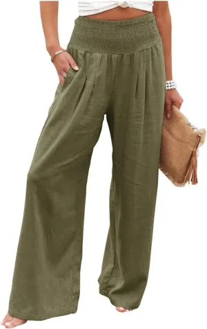 Women's Linen Palazzo Pants 2025 Summer High Waist Wide Leg Lightweight Beach Pants Boho Elastic Waist Trousers