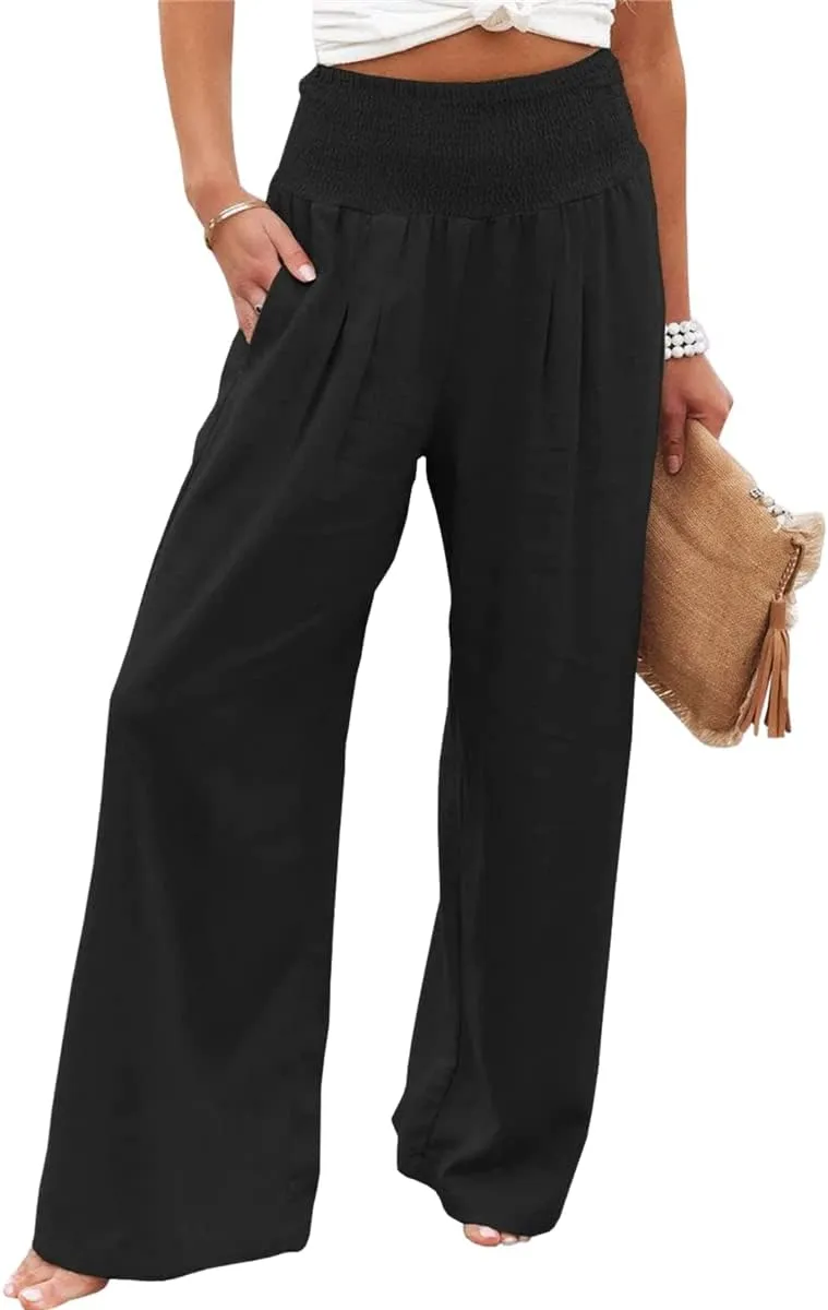 Women's Linen Palazzo Pants 2025 Summer High Waist Wide Leg Lightweight Beach Pants Boho Elastic Waist Trousers