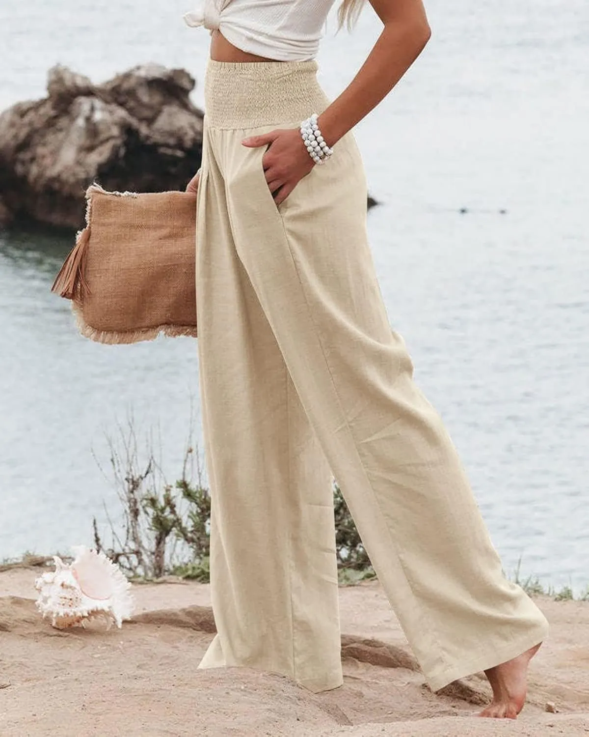 Women's Linen Palazzo Pants 2025 Summer High Waist Wide Leg Lightweight Beach Pants Boho Elastic Waist Trousers