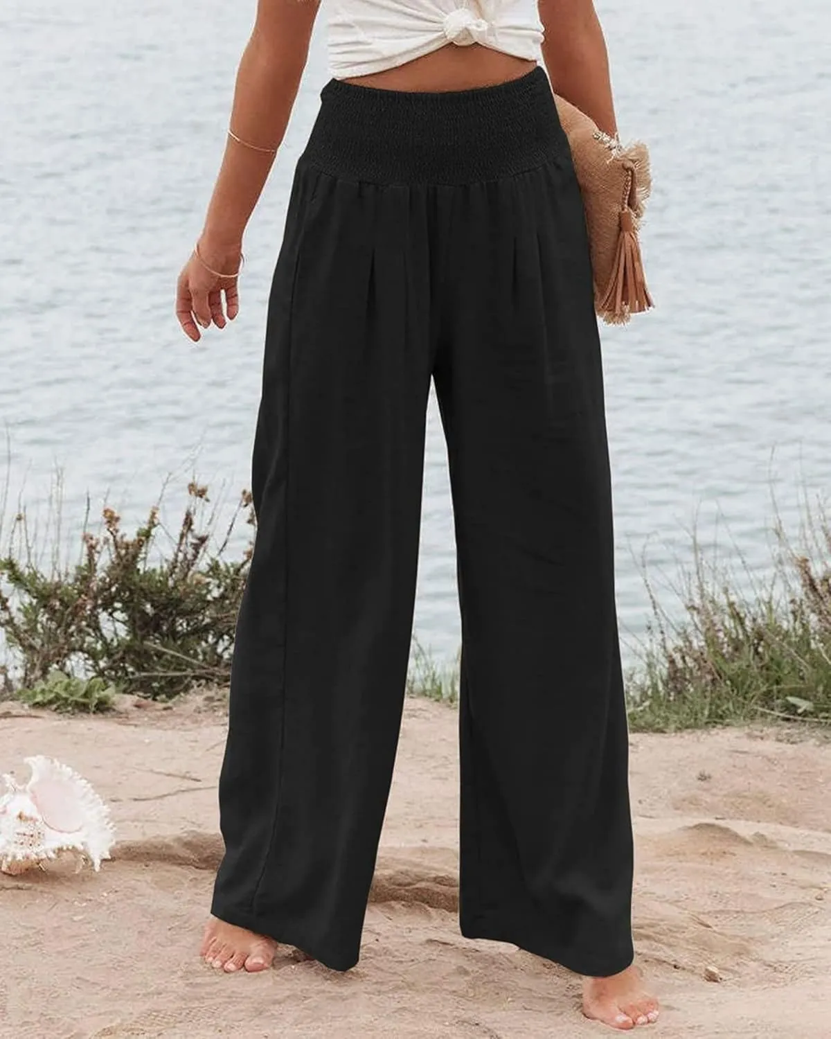 Women's Linen Palazzo Pants 2025 Summer High Waist Wide Leg Lightweight Beach Pants Boho Elastic Waist Trousers