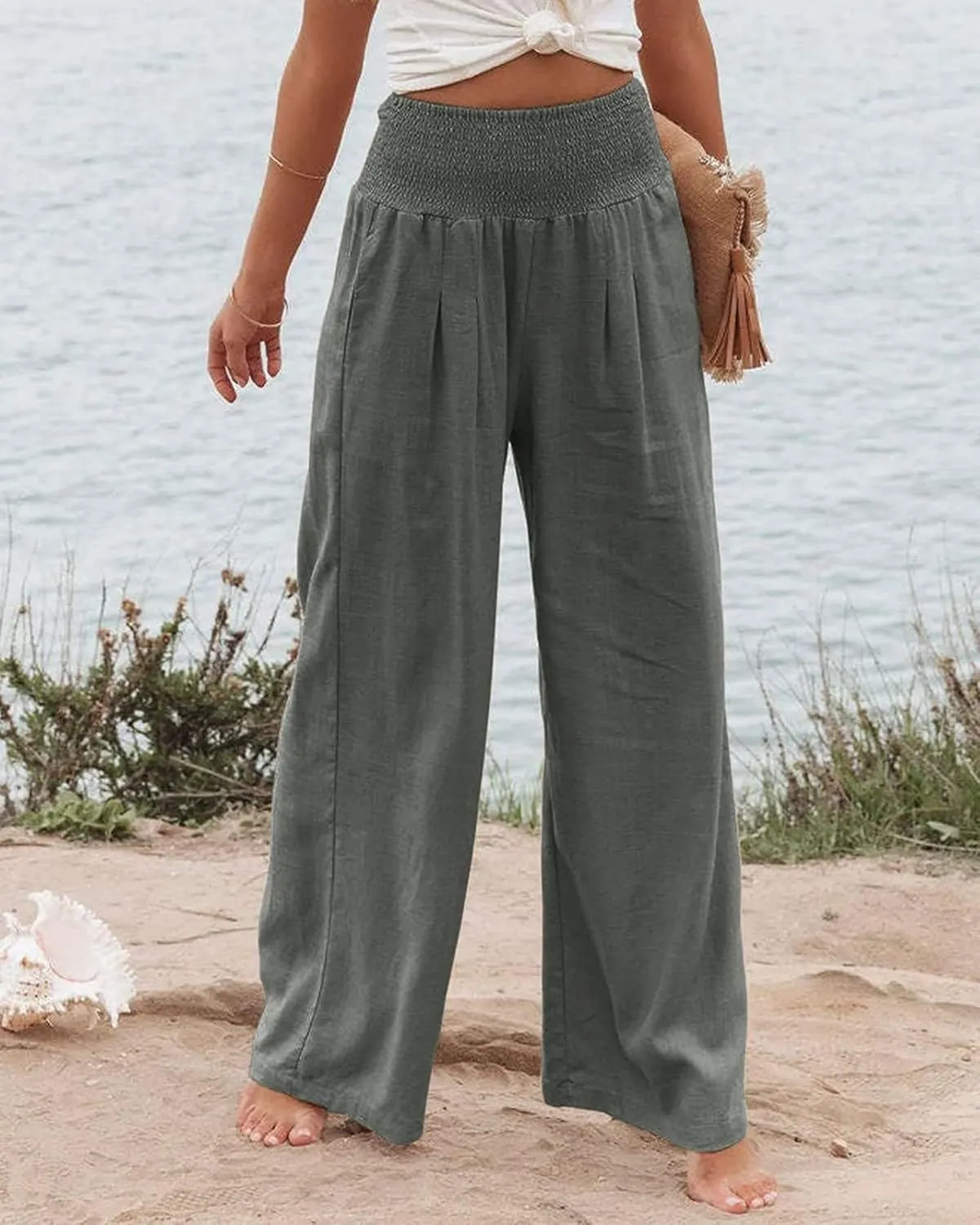 Women's Linen Palazzo Pants 2025 Summer High Waist Wide Leg Lightweight Beach Pants Boho Elastic Waist Trousers