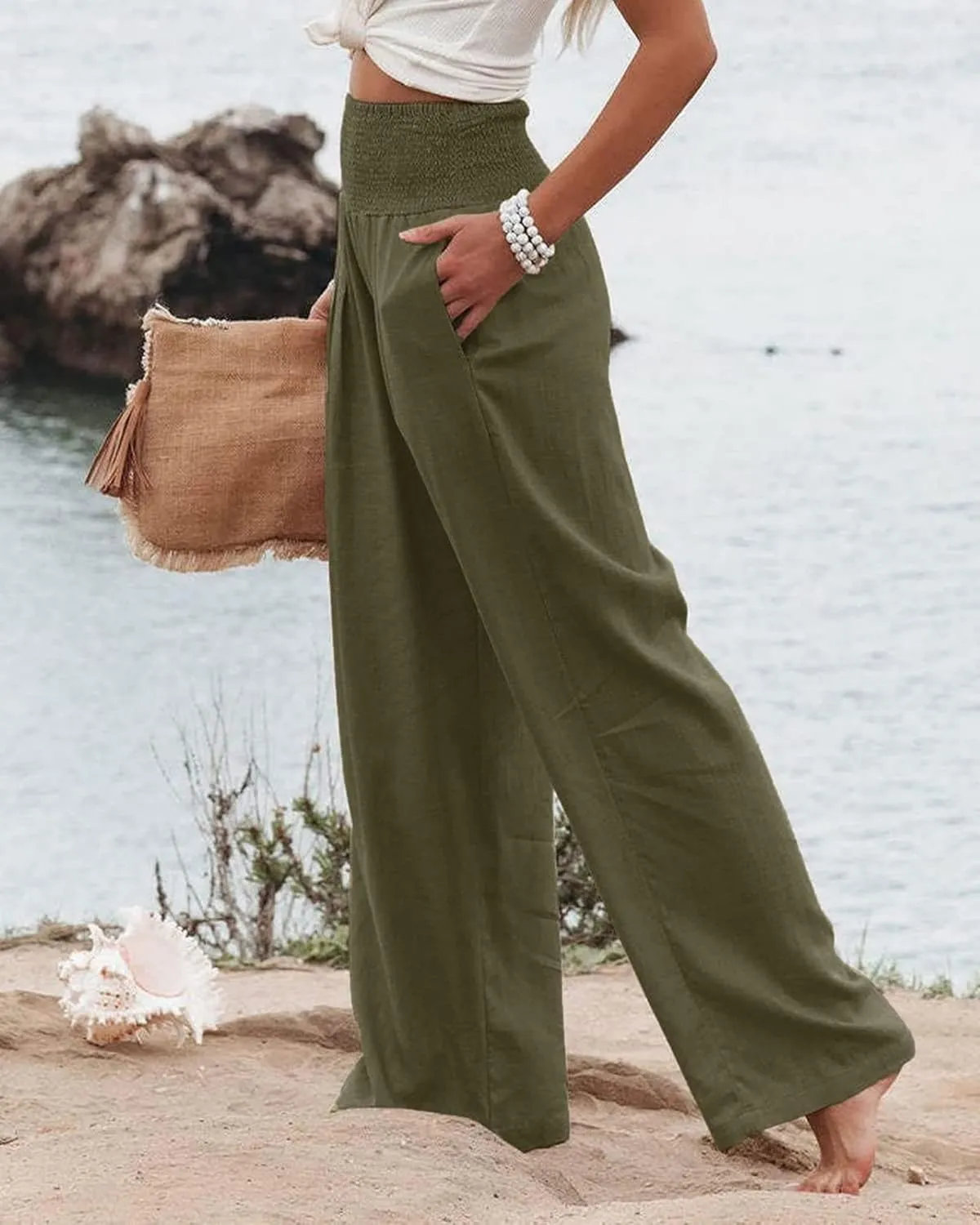 Women's Linen Palazzo Pants 2025 Summer High Waist Wide Leg Lightweight Beach Pants Boho Elastic Waist Trousers