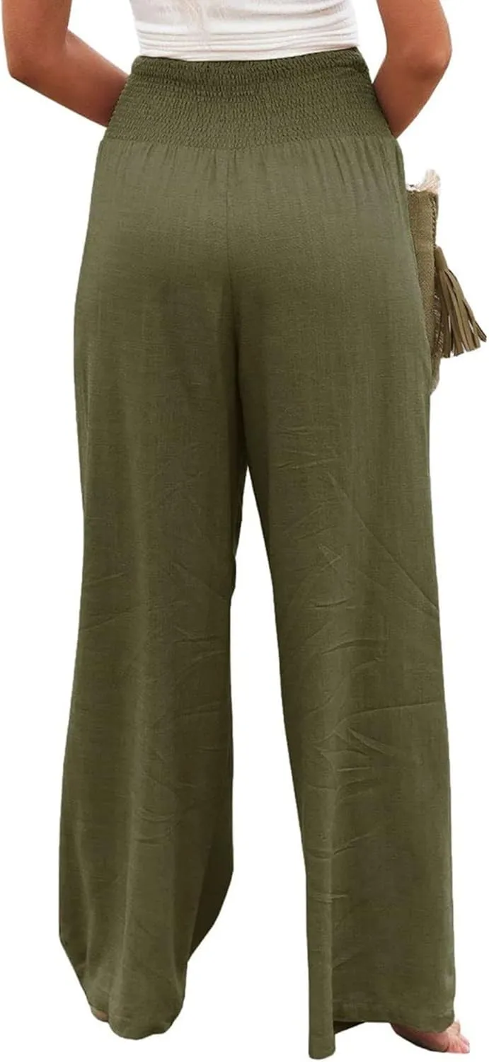 Women's Linen Palazzo Pants 2025 Summer High Waist Wide Leg Lightweight Beach Pants Boho Elastic Waist Trousers