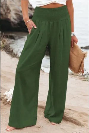 Women's Linen Palazzo Pants 2025 Summer High Waist Wide Leg Lightweight Beach Pants Boho Elastic Waist Trousers