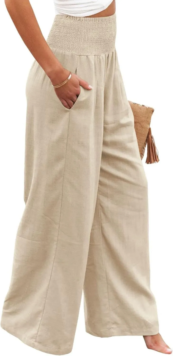 Women's Linen Palazzo Pants 2025 Summer High Waist Wide Leg Lightweight Beach Pants Boho Elastic Waist Trousers