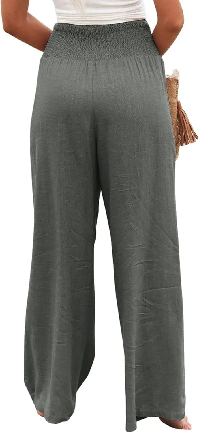 Women's Linen Palazzo Pants 2025 Summer High Waist Wide Leg Lightweight Beach Pants Boho Elastic Waist Trousers