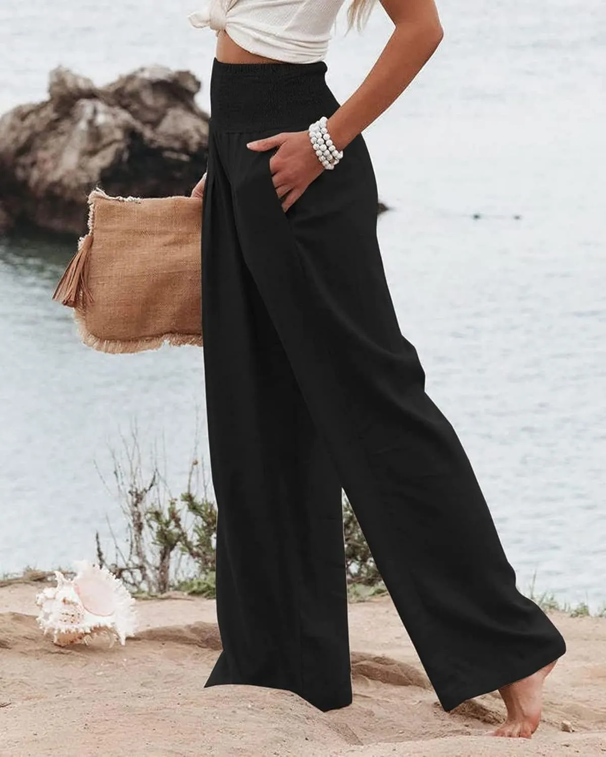 Women's Linen Palazzo Pants 2025 Summer High Waist Wide Leg Lightweight Beach Pants Boho Elastic Waist Trousers
