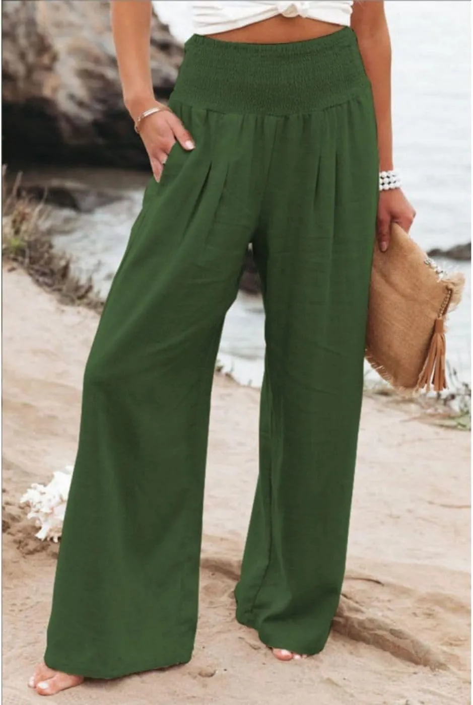 Women's Linen Palazzo Pants 2025 Summer High Waist Wide Leg Lightweight Beach Pants Boho Elastic Waist Trousers