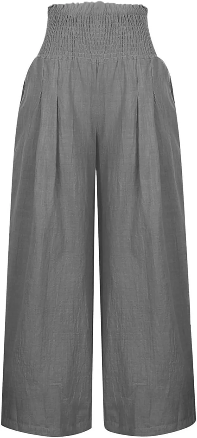 Womens Linen Pants 2025 Summer Casual Loose Wide Leg Palazzo Pants Smocked High Waist Flowy Beach Trousers