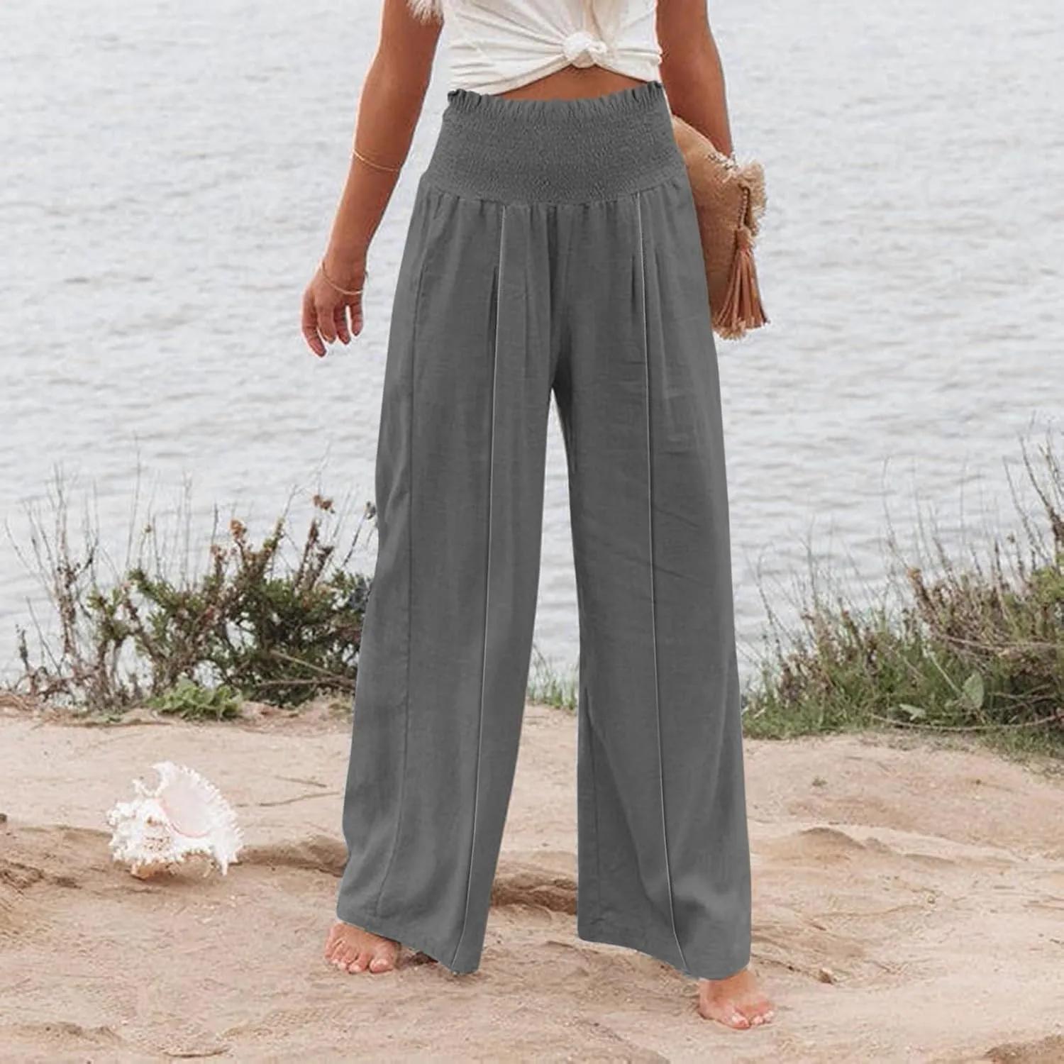 Womens Linen Pants 2025 Summer Casual Loose Wide Leg Palazzo Pants Smocked High Waist Flowy Beach Trousers