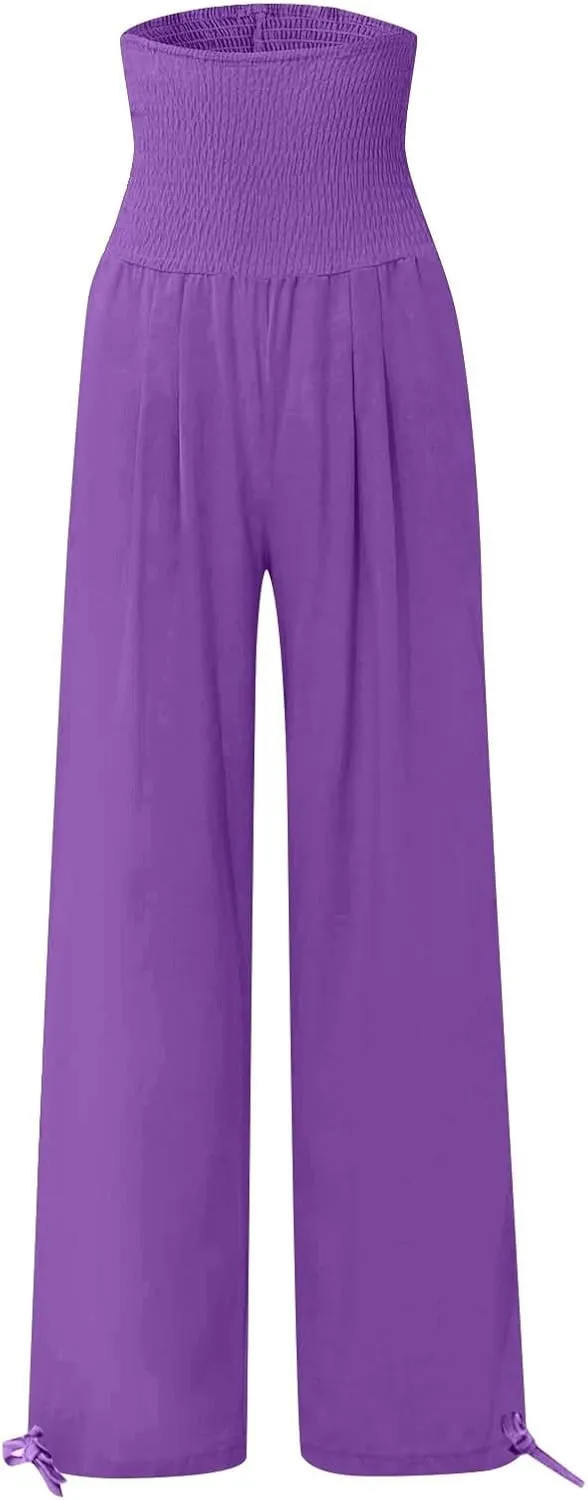 Womens Linen Pants 2025 Summer Casual Loose Wide Leg Palazzo Pants Smocked High Waist Flowy Beach Trousers