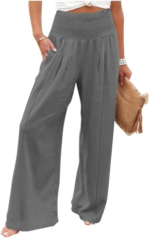 Womens Linen Pants 2025 Summer Casual Loose Wide Leg Palazzo Pants Smocked High Waist Flowy Beach Trousers