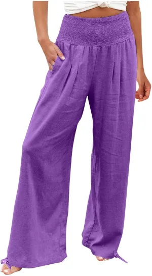 Womens Linen Pants 2025 Summer Casual Loose Wide Leg Palazzo Pants Smocked High Waist Flowy Beach Trousers