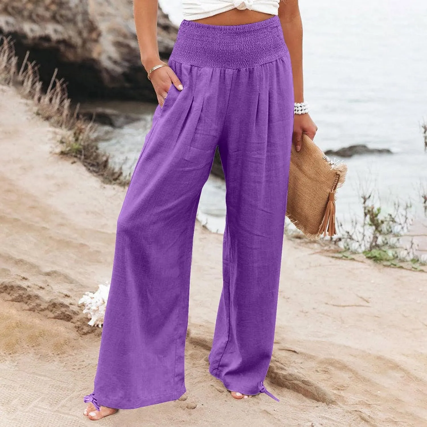 Womens Linen Pants 2025 Summer Casual Loose Wide Leg Palazzo Pants Smocked High Waist Flowy Beach Trousers