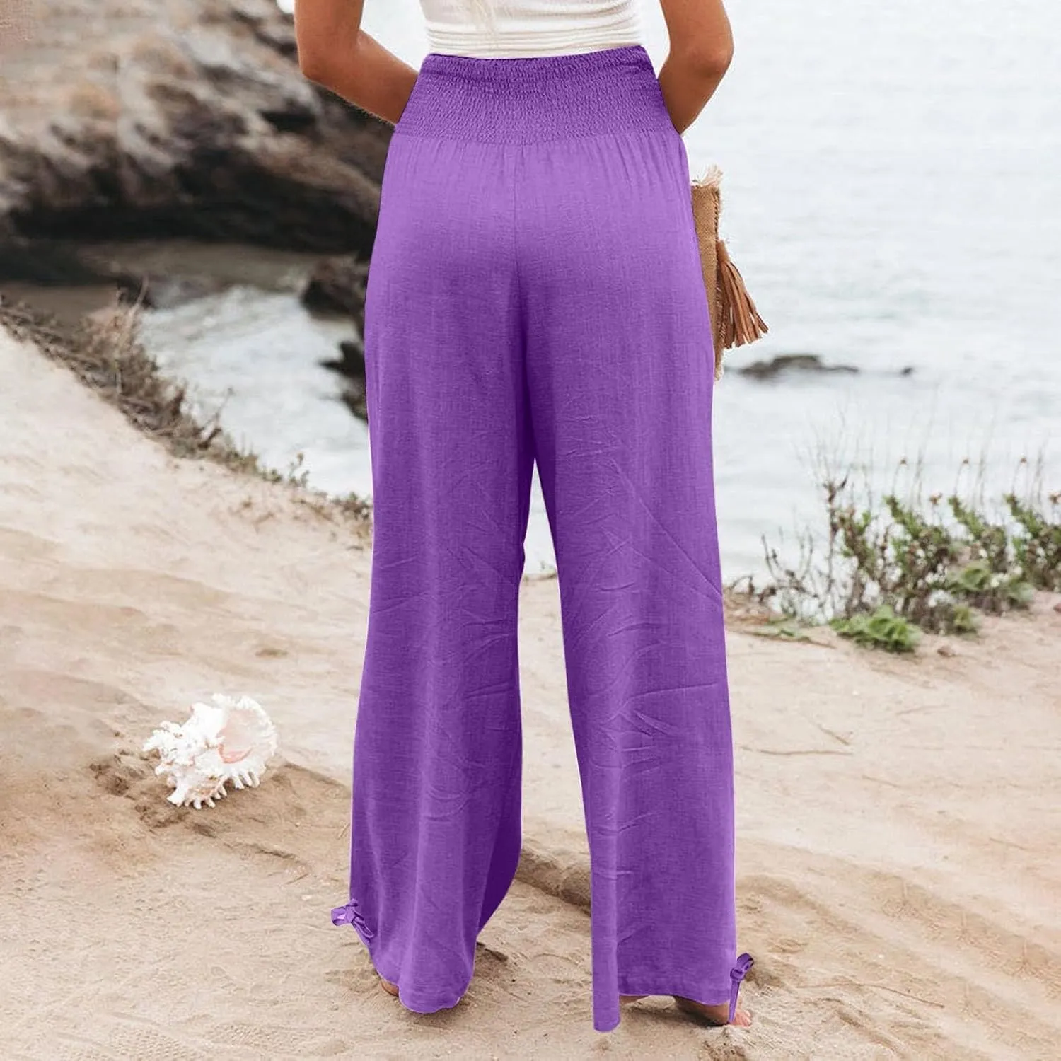 Womens Linen Pants 2025 Summer Casual Loose Wide Leg Palazzo Pants Smocked High Waist Flowy Beach Trousers