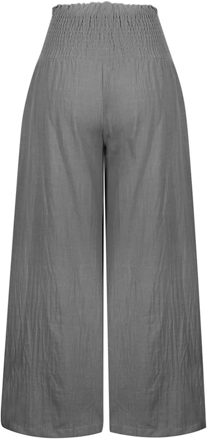 Womens Linen Pants 2025 Summer Casual Loose Wide Leg Palazzo Pants Smocked High Waist Flowy Beach Trousers