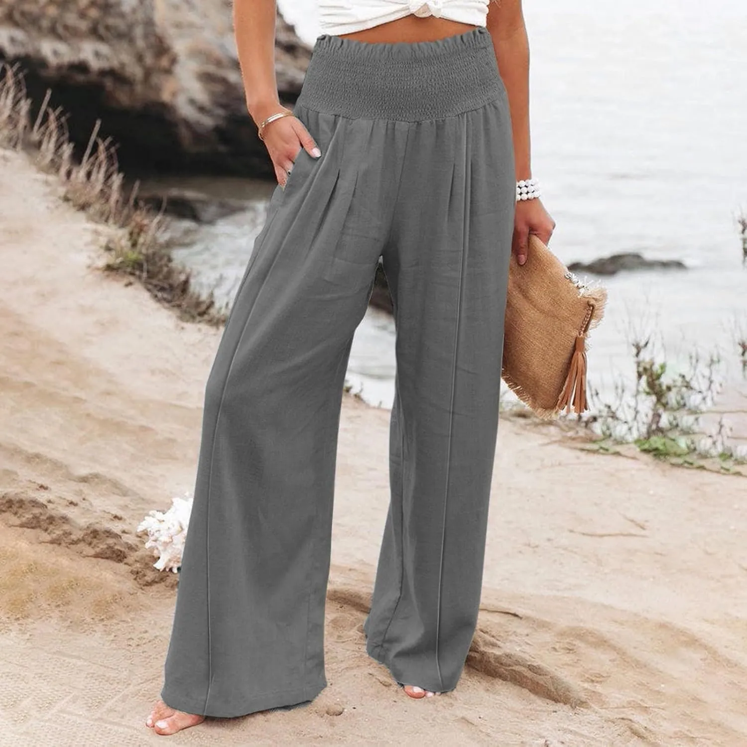 Womens Linen Pants 2025 Summer Casual Loose Wide Leg Palazzo Pants Smocked High Waist Flowy Beach Trousers