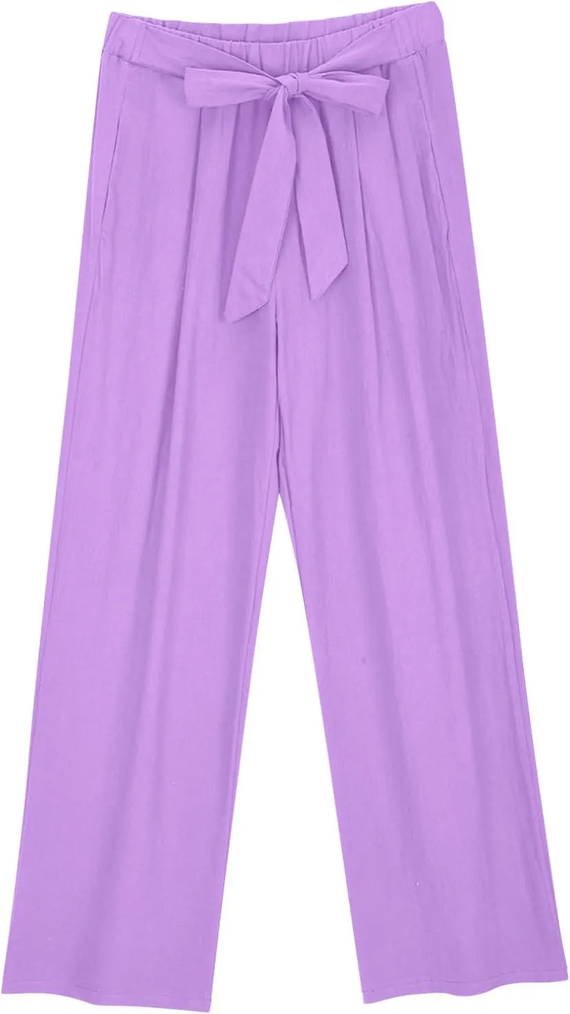 Womens Linen Wide Leg Pants with Pockets High Waist Adjustable Knot Loose Cotton Trousers Business Work Casual Pant