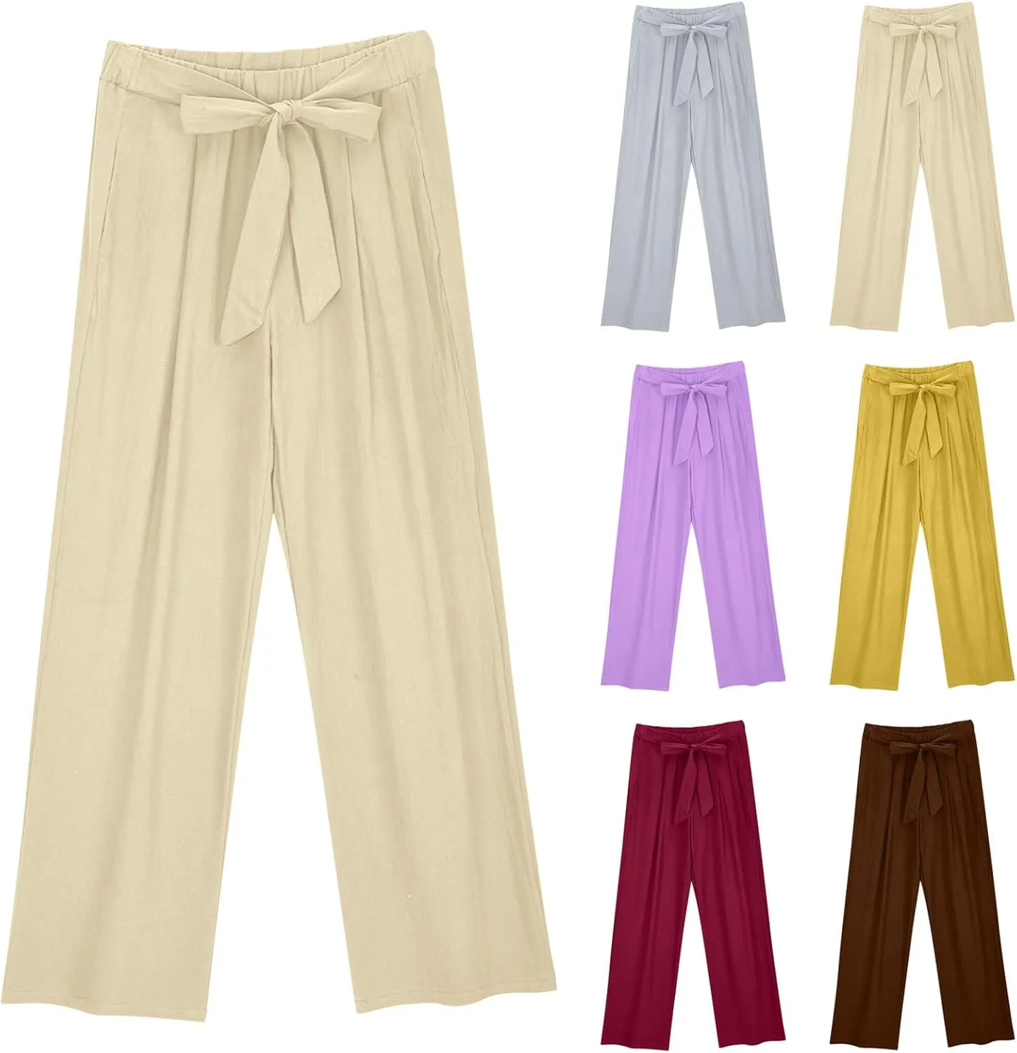 Womens Linen Wide Leg Pants with Pockets High Waist Adjustable Knot Loose Cotton Trousers Business Work Casual Pant