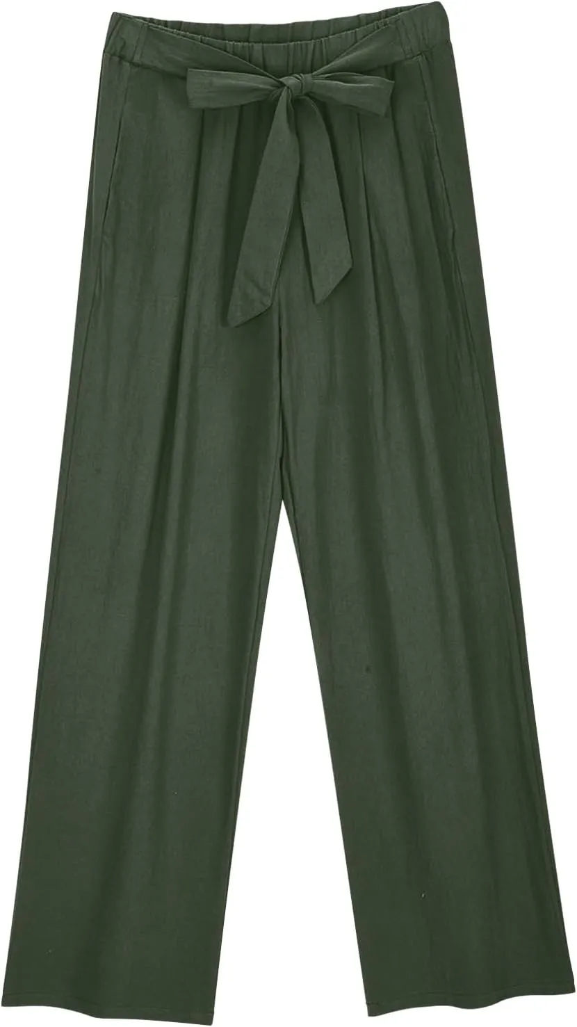 Womens Linen Wide Leg Pants with Pockets High Waist Adjustable Knot Loose Cotton Trousers Business Work Casual Pant