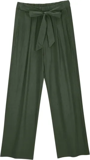 Womens Linen Wide Leg Pants with Pockets High Waist Adjustable Knot Loose Cotton Trousers Business Work Casual Pant