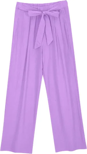 Womens Linen Wide Leg Pants with Pockets High Waist Adjustable Knot Loose Cotton Trousers Business Work Casual Pant