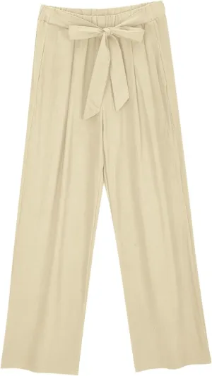 Womens Linen Wide Leg Pants with Pockets High Waist Adjustable Knot Loose Cotton Trousers Business Work Casual Pant