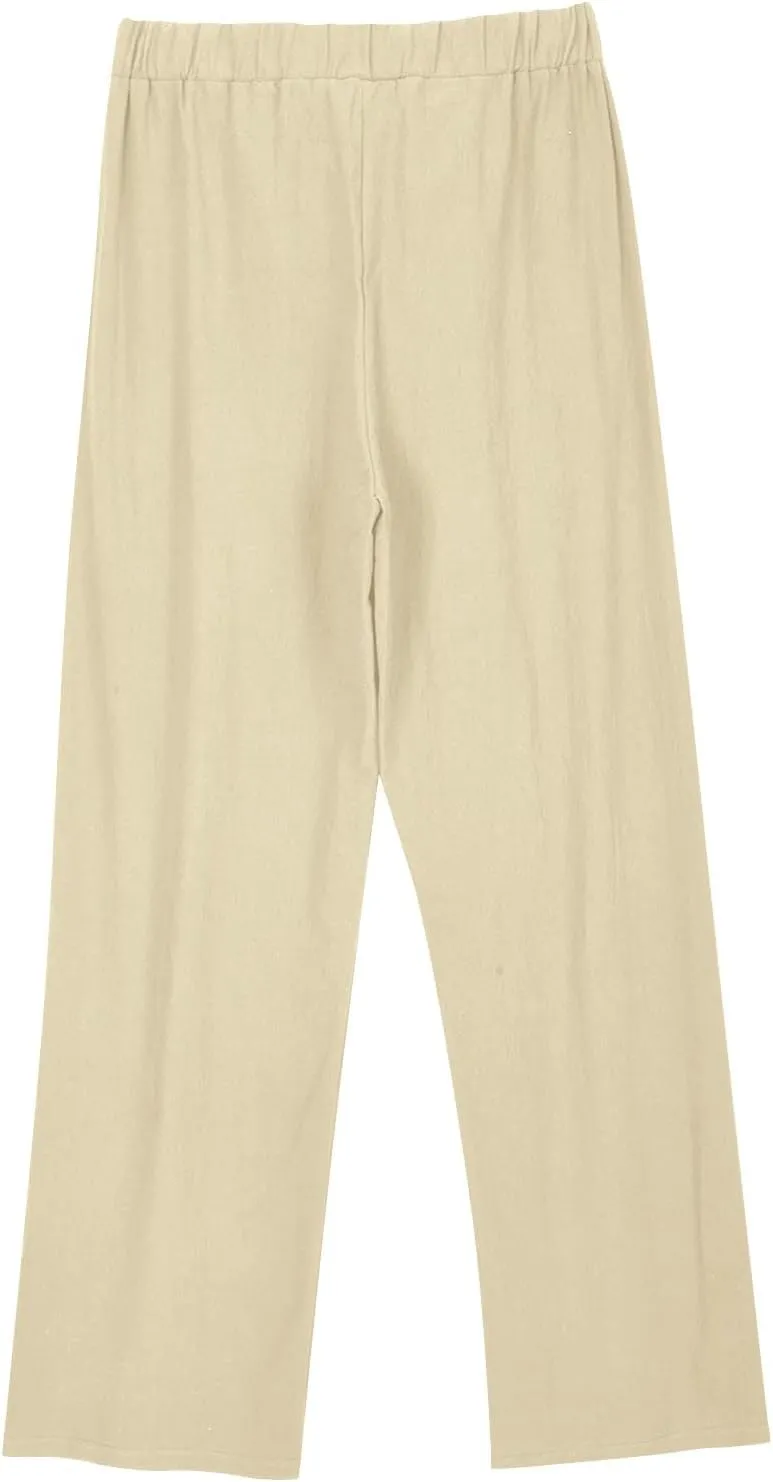 Womens Linen Wide Leg Pants with Pockets High Waist Adjustable Knot Loose Cotton Trousers Business Work Casual Pant